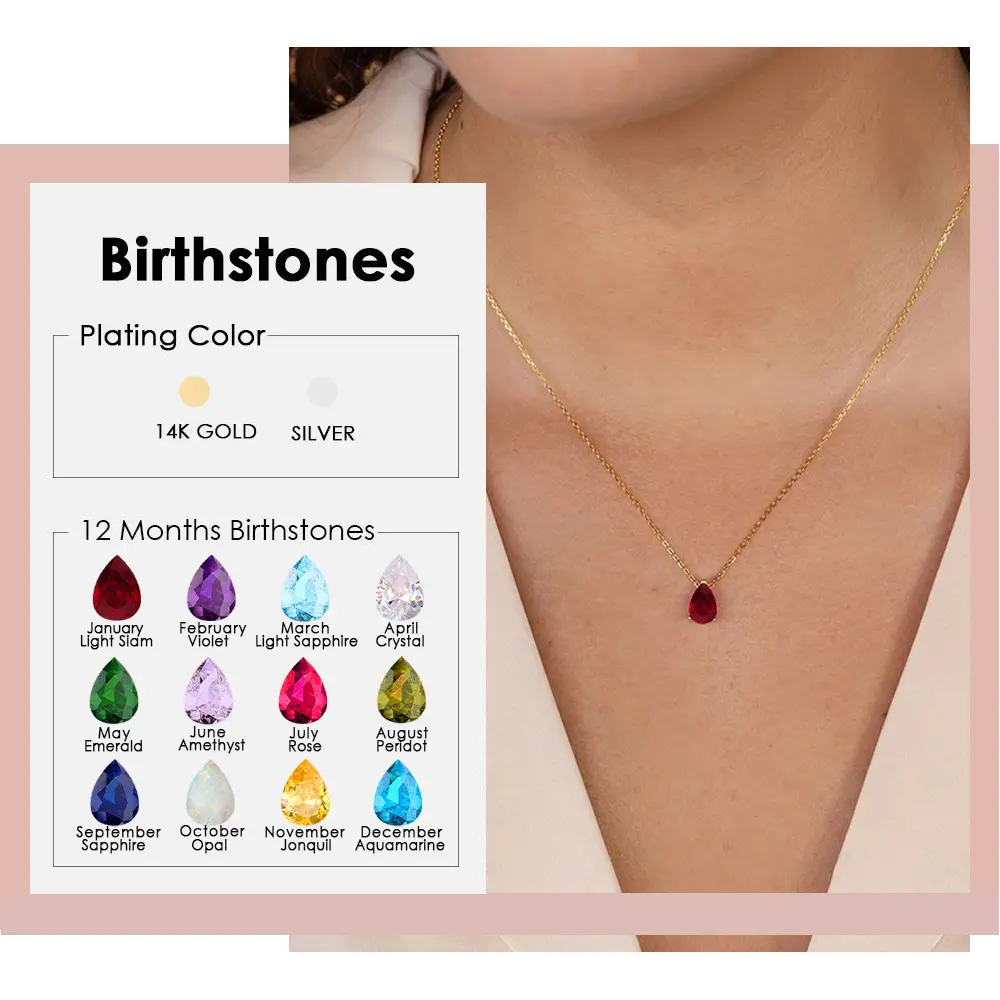 Women's Korean Style Water Drop Zircon Gemstone Necklace - Stainless Steel Vacuum Electroplated Pendant, December Birthstone Jewelry, October/February/April Birthstone Option, Elegant Fashion Accessory Gift for Women
