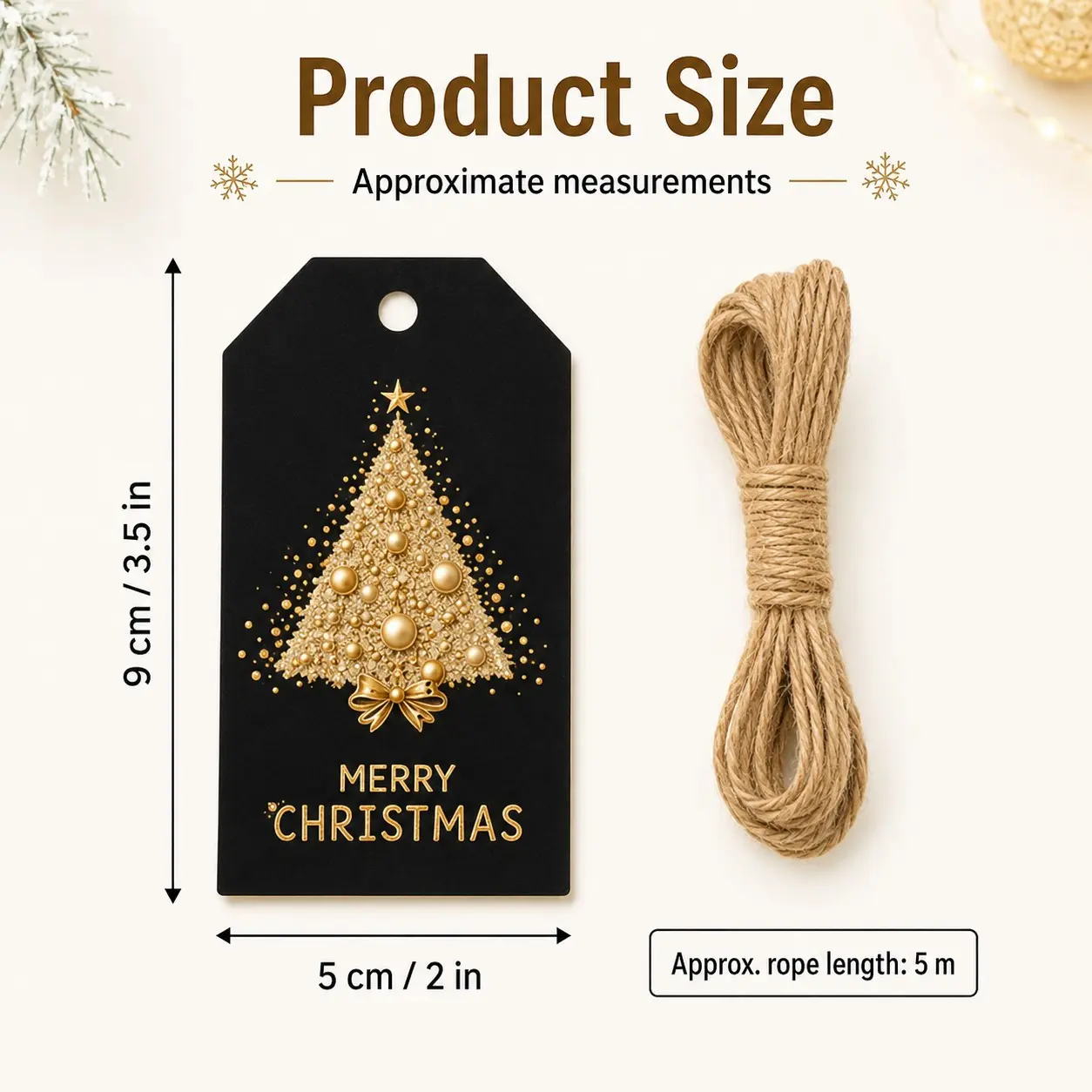 48pcs and Gold Christmas Gift Tags, 5m Hemp Rope, 4 Festive Designs, Pre-Punched Holiday Tags for Gift Boxes, Gift Bags, Party Favors