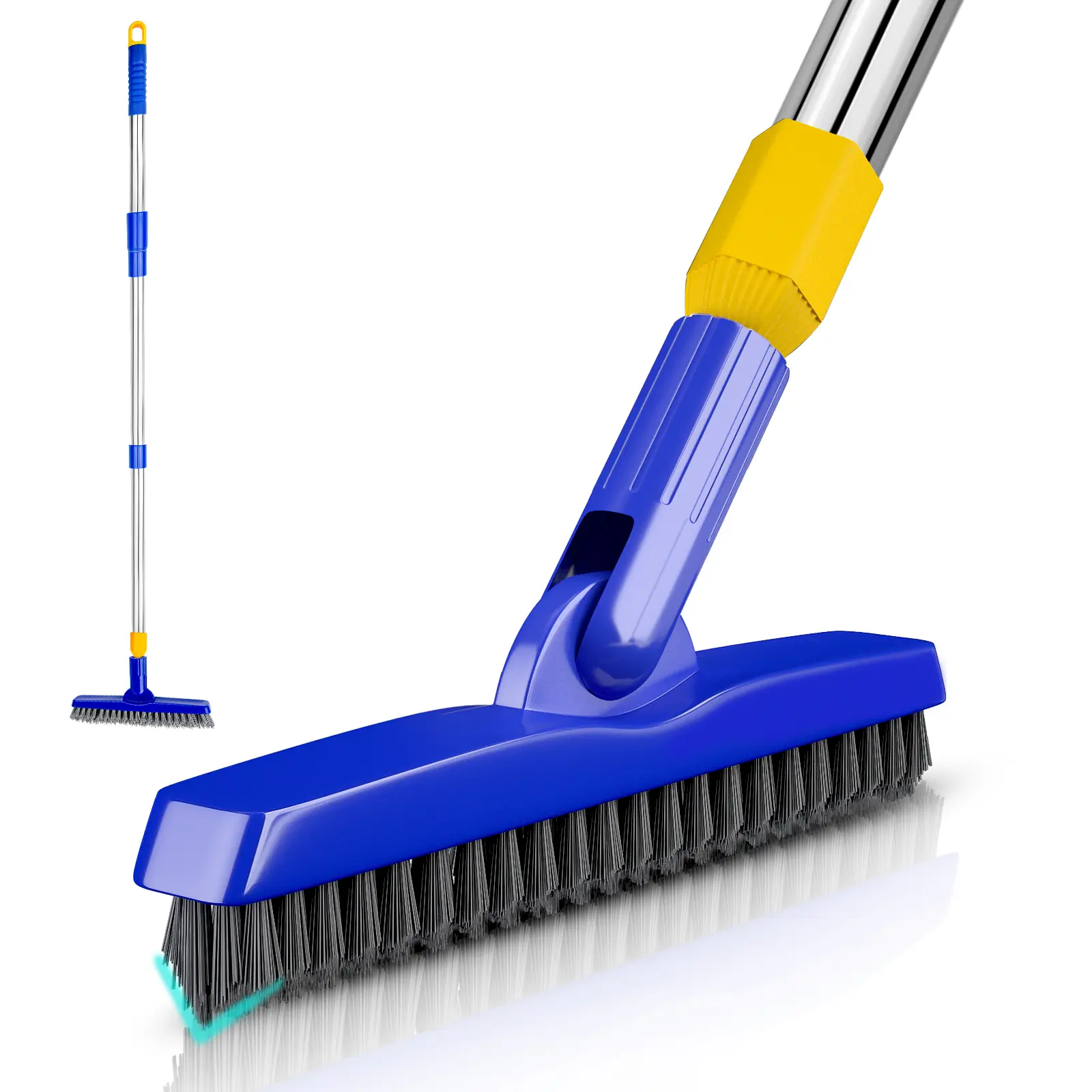 Grout Brush with Long Handle and 2 Replacement Brush Heads, 56.5'' Swivel V-Shape Grout Cleaning Brush, Extendable Handle Grout Scrub Cleaner Brush for Tile Floors, Bathroom, Baseboard, Shower, Corner bristle stiff heavy-duty wet dry kitchen adjustable