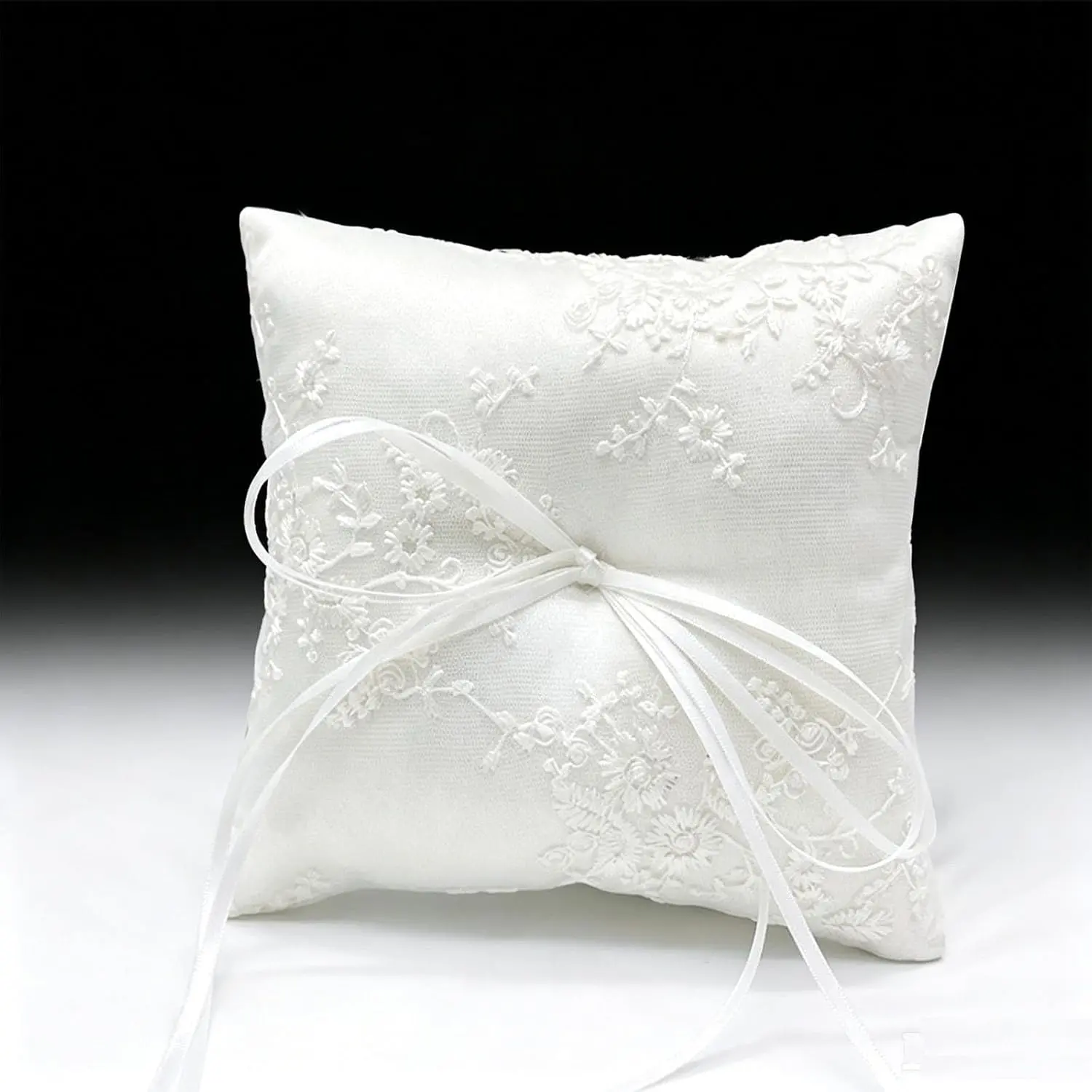 Wedding Ring Bearer Pillow, 6x6in Square White Satin Classic Flower Reading Pillow with Floral Lace Embroidery, Ribbon Bow for Beach Wedding, Proposal, Classic Flower Reading Pillows