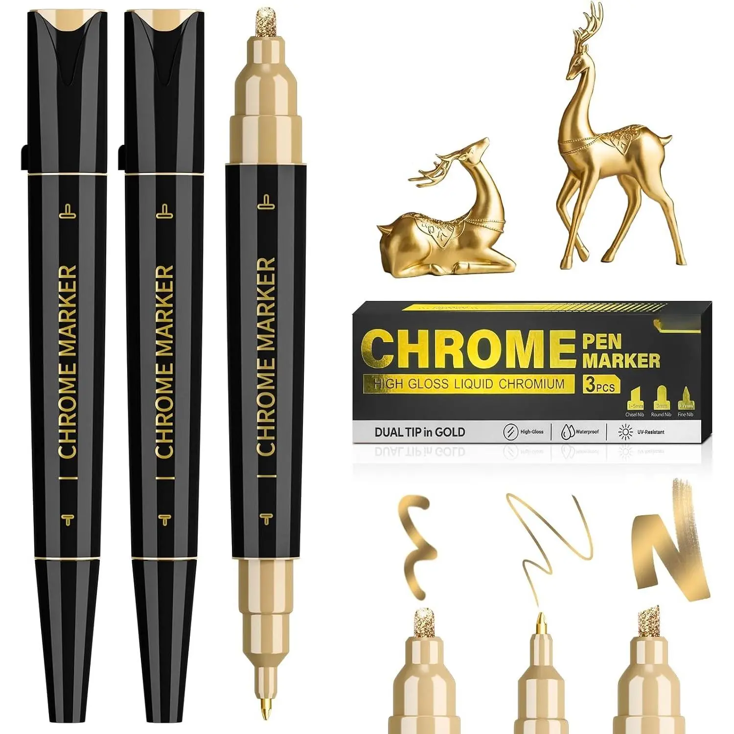3 Pack  Tip Liquid  Chrome Markers, Permanent Shiny  Marker Pen for  Surfaces, Golden Metallic High-gloss for Model Repairing, Painting, Marking or DIY Art Project
