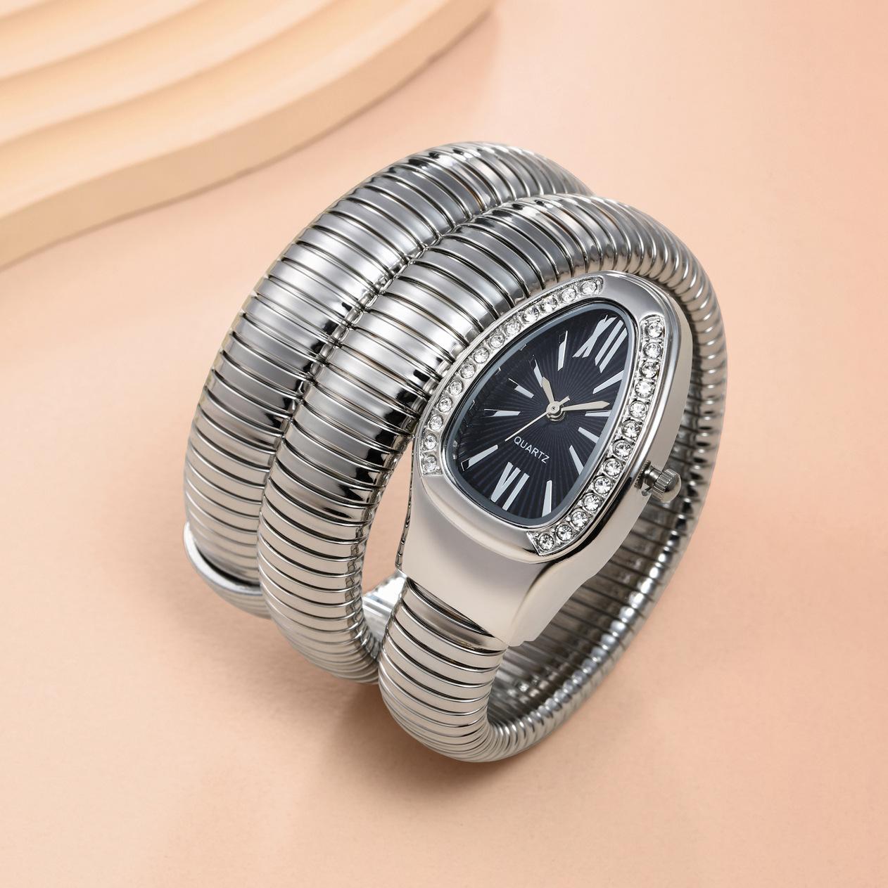 Women's Luxury Gold Snake Bangle Quartz Watch - Wrap Around Wristwatch with Crystal Diamond Bezel, Mother of Pearl Dial, Roman Numerals, Elegant Retro Statement Timepiece, Perfect Gift for Her