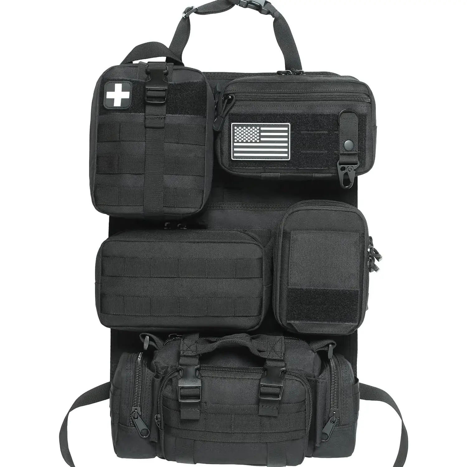 6 Pack Tactical Molle Car Seat Back Organizer,Backseat Organizer for Man | Tactical Vehicle Panel Organizer with 5 Detachable Molle Pouch,US Flag Patch and Keychain,Great Trunk AccessoriesGift.