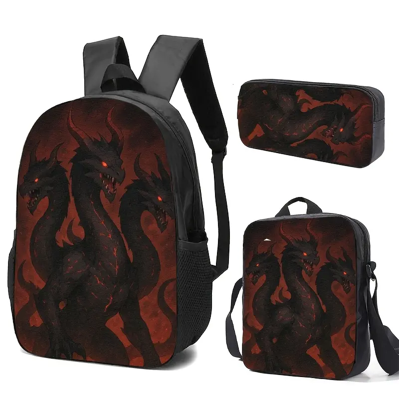 3-Piece Three-Headed Dragon Backpack Set for Boys Teens, Dark Red Fantasy School Bookbag with Matching Lunch Bag and Pencil Case, Gothic Travel Daypack, Halloween Birthday Gift