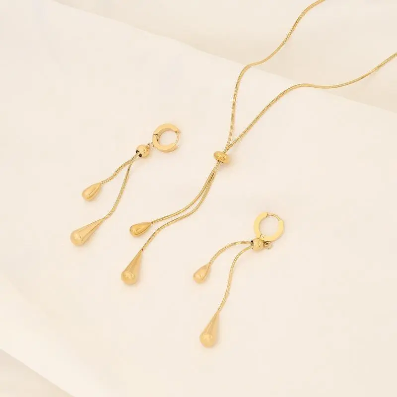 Women's 2-Piece Cold Tone Gold-Plated Water Drop Chain Jewelry Necklaces & Long Tassel Outline Earrings Set - Gold Aesthetic, Anti-Fade, Layered Minimalist Tassels Jewelry for Everyday, Party Wear