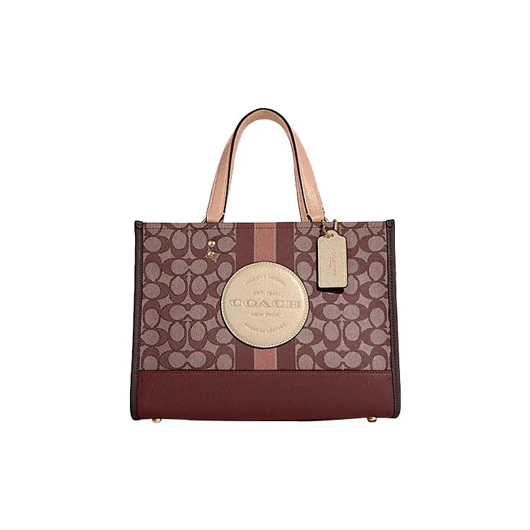 COACH Dempsey 30 Tote Bag for Women – Logo-Embellished Canvas and Leather, Buckle Closure, Rust Red