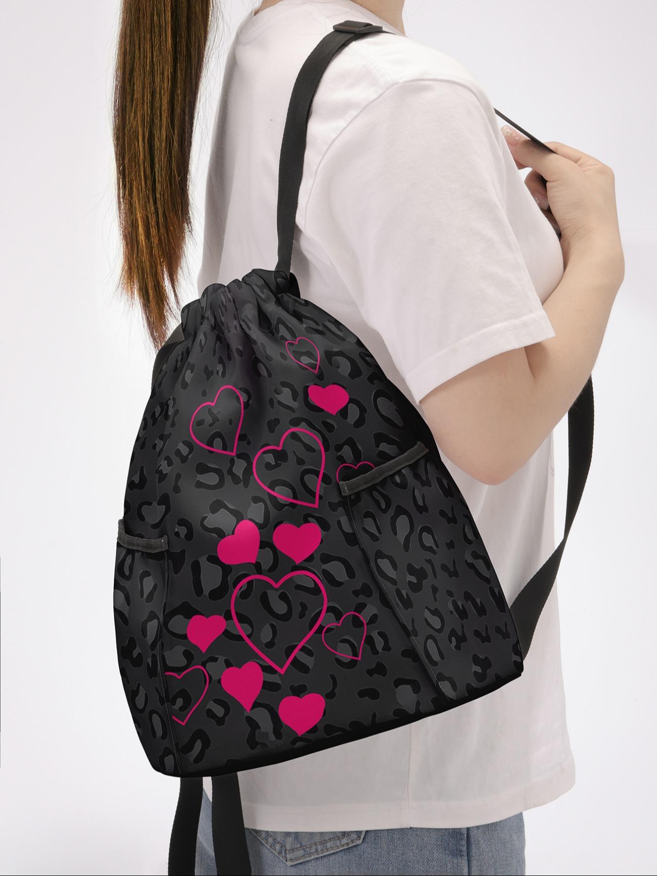Heart Pattern Drawstring Backpack, Large Capacity Durable Gym Bag, Outdoor Sports Bag, Adjustable Shoulder Straps, Casual Travel Hiking Camping Bag