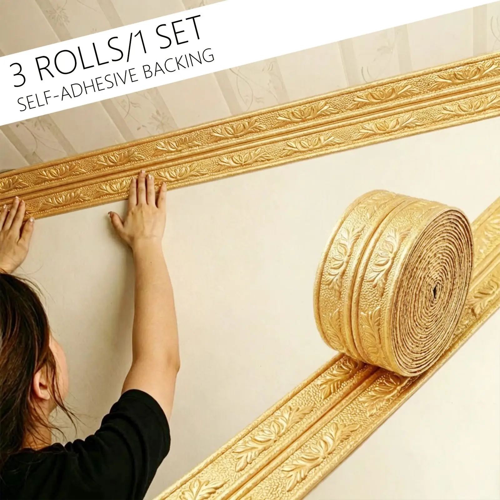 3 Rolls Self-Adhesive Floral Foam Strips, Edge, Corner, Wall Stickers, Anti-Collision, Modern Home Decor, Easy Installation, Wall Trim