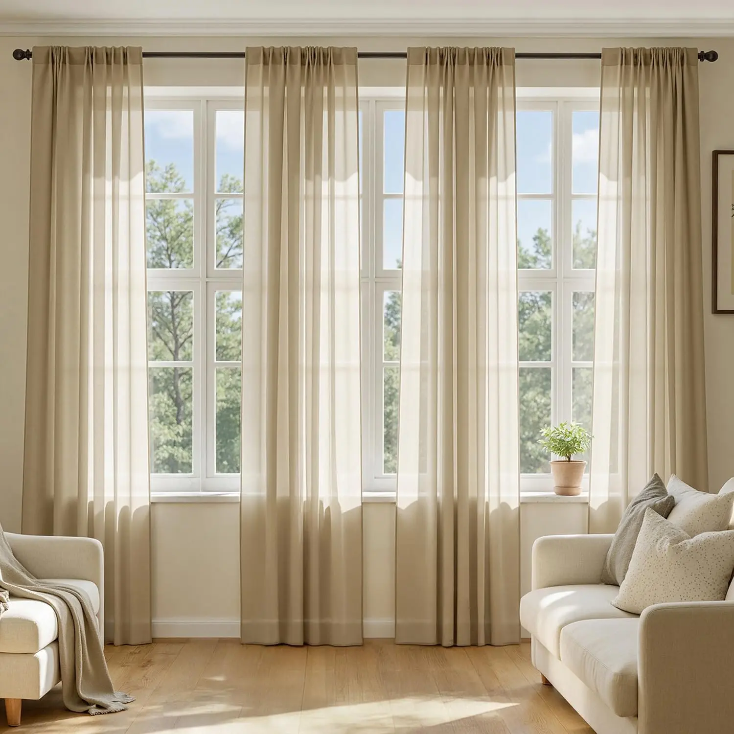 Modern Beige Solid Polyester Sheer Voile Curtains, 4 Panels (42x84 In) Light Filtering Window Treatments for Living Rooms, Bedroom, Rod-Compatible Drapes