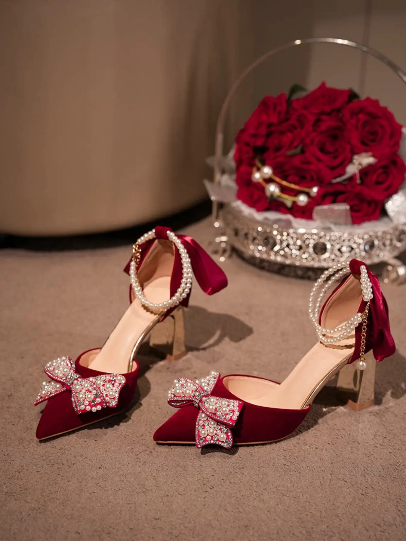 Women's Wedding Shoes, Chunky Heel Comfortable Bride Shoes, Wine Velvet Rhinestone Bow, Elegant Bridal Shoes, Light Luxury Style Summer, Rubber