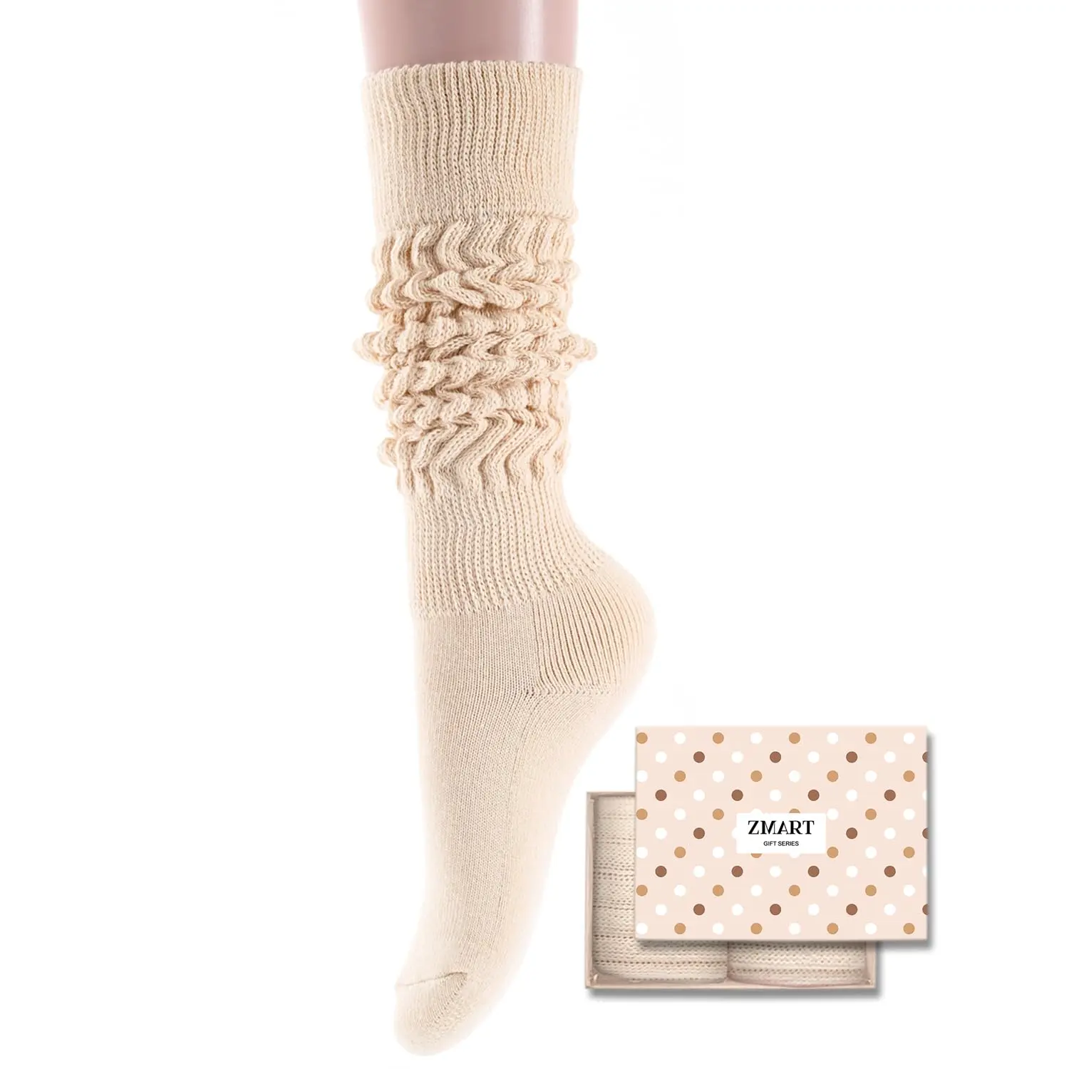 Zmart Funny Cream Slouch Scrunch Socks for Women Teen Girls,Thick Long High Knit Vintage Solid Color Socks, Gifts for the 80s 90s