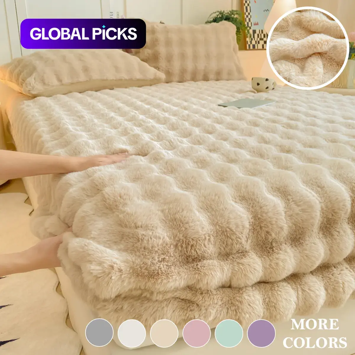 1pc Ultra Soft Faux Rabbit Fur Bed Cover, Polyester Bedding – Elastic Fitted & Machine Washable, Warm Light Beige, Skin-Friendly, Non-Shedding & No Fading, Perfect for Bedroom & Guest Room, Fluffy Cozy, Home Décor, Bed Decor