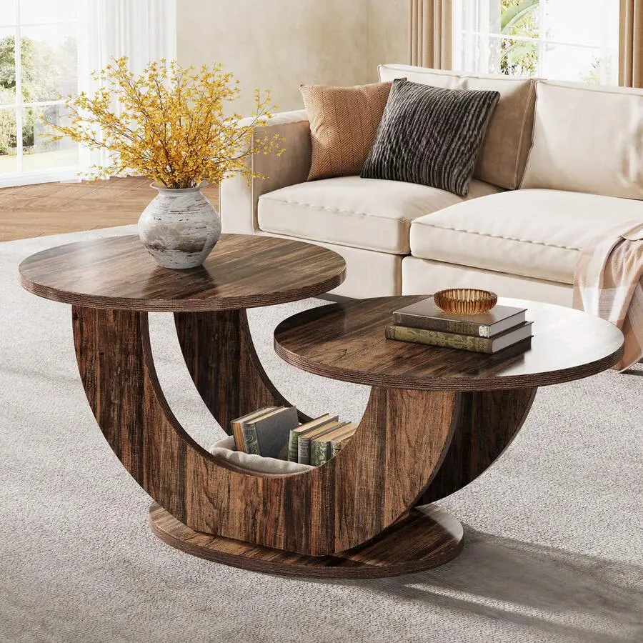 46-Inch Round Coffee Table, Modern Living Room Coffee Table With Funky U-Shaped Frame, Low Accent Center Tea Table Home, Apartment