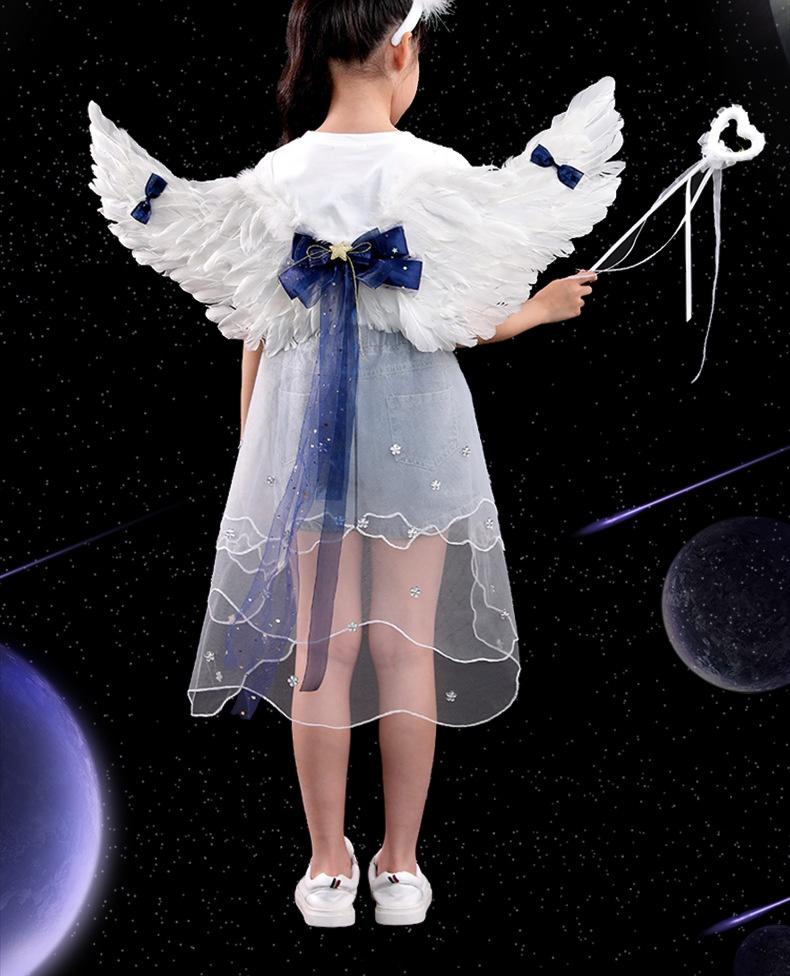 Angel Feather Wings Props for Christmas & Halloween Performance Costume Stage Princess Back Decoration White & Blue Bow