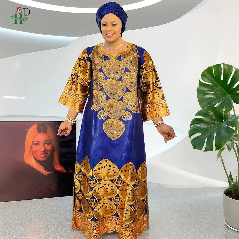 Women's African Bubu Kaftan Dress - Bazin Riche Embroidered Full-Length Casual Costumes with Headscarf, Plus Size for Party,Wedding, Outdoors, Available in L,2XL,4XL, Check Size Chart (As Photo/Video Shown)
