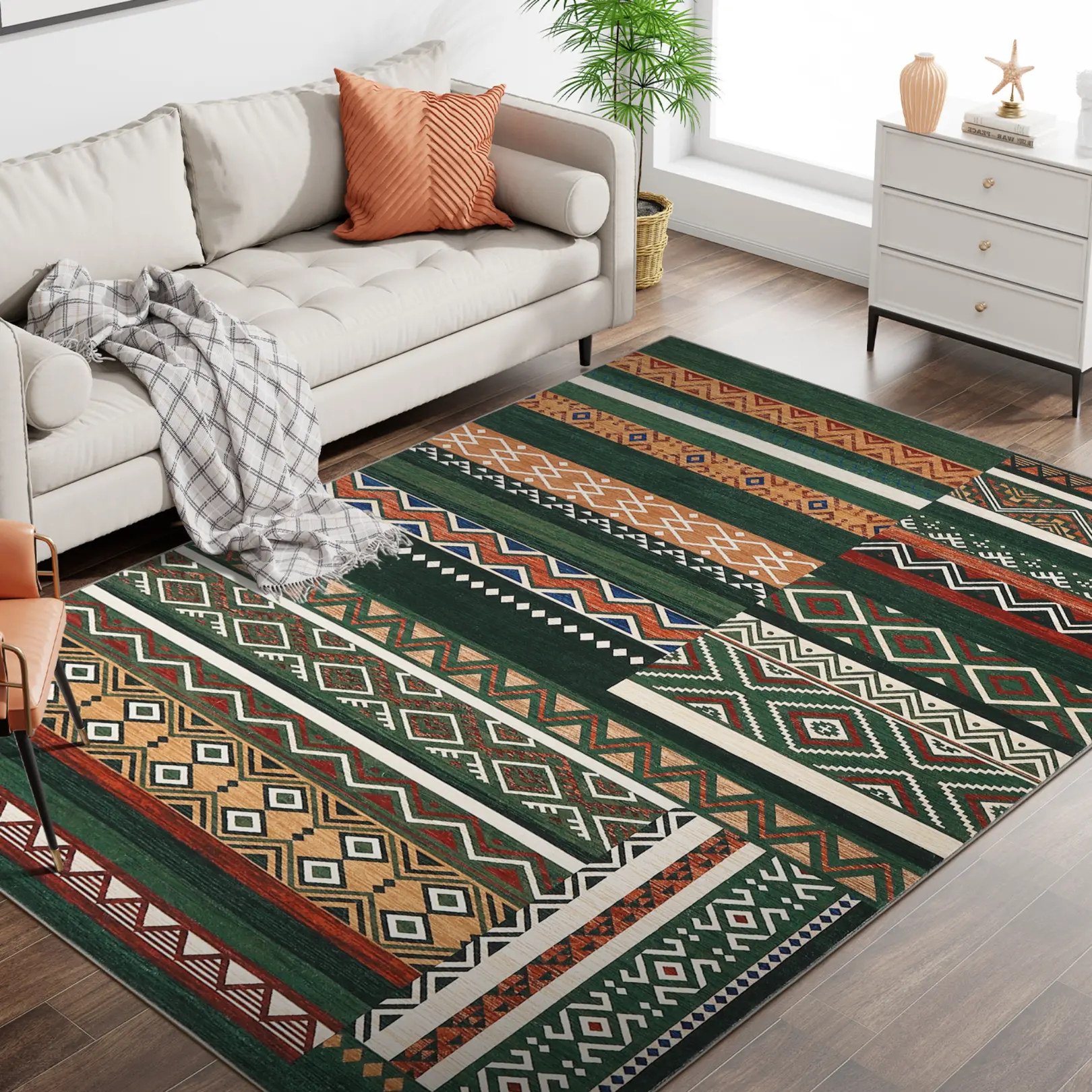 Vintage Geometric Patchwork Area Rug – Machine Washable, Ultra Soft Low Pile, Non-Slip, Mark Resistant, Collapsible Carpet for Living Room, Bedroom, Dining Room, Kids Playroom