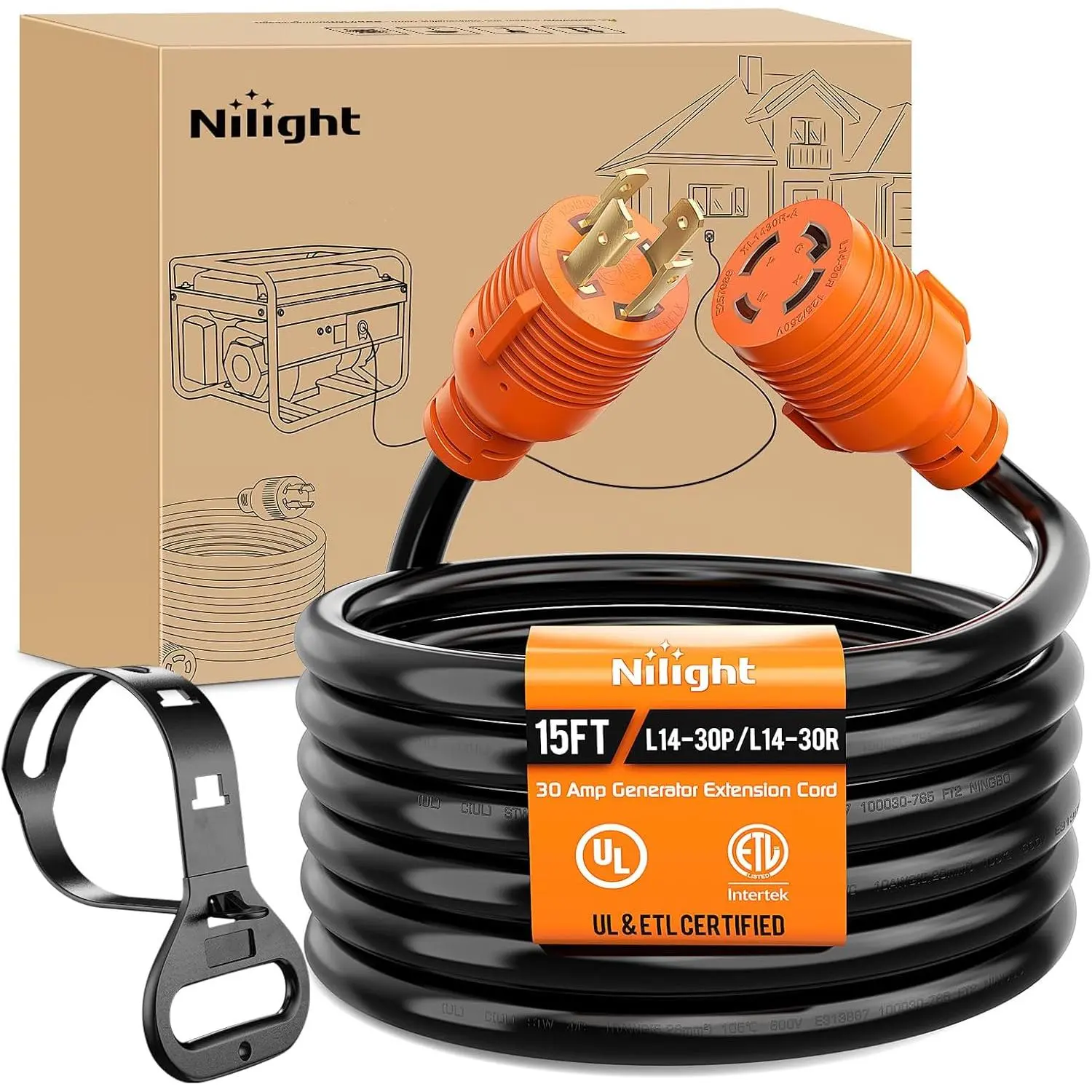 Nilight 30A 15FT Generator Extension Cord - 125/250V 7500W 10 Gauge Pure Copper Wires, ETL Listed 4-Prong L14-30P/L14-30R STW Copper Wiring, Heavy Duty Weather Resistant Flexible Cable for RV Camper, Power Outage, Water Resistant, 30 Amp