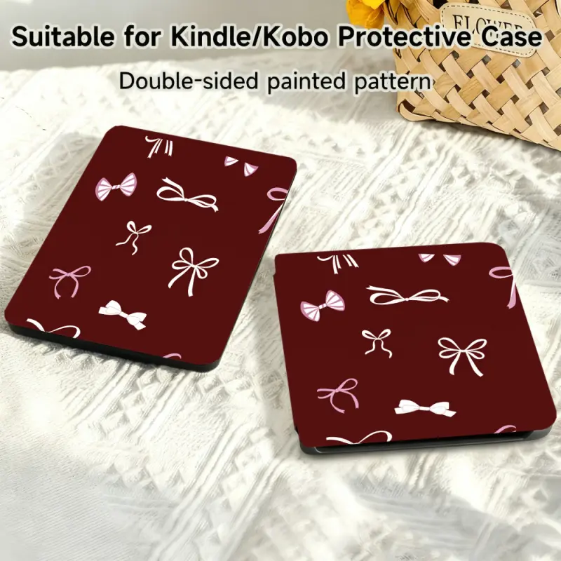 for Kindle/kobo/Tolino Case, Burgundy Background With White And Pink Bows for New Kindle 11Th 2019, for Kindle 11th Generation Case for Kindle 11Th (2022/2024), 6-Inch, 7-Inch Kindle Paperwhite 12Th Generation 2024 Vision Color (2024) /Vision 6 (2021）/Shi