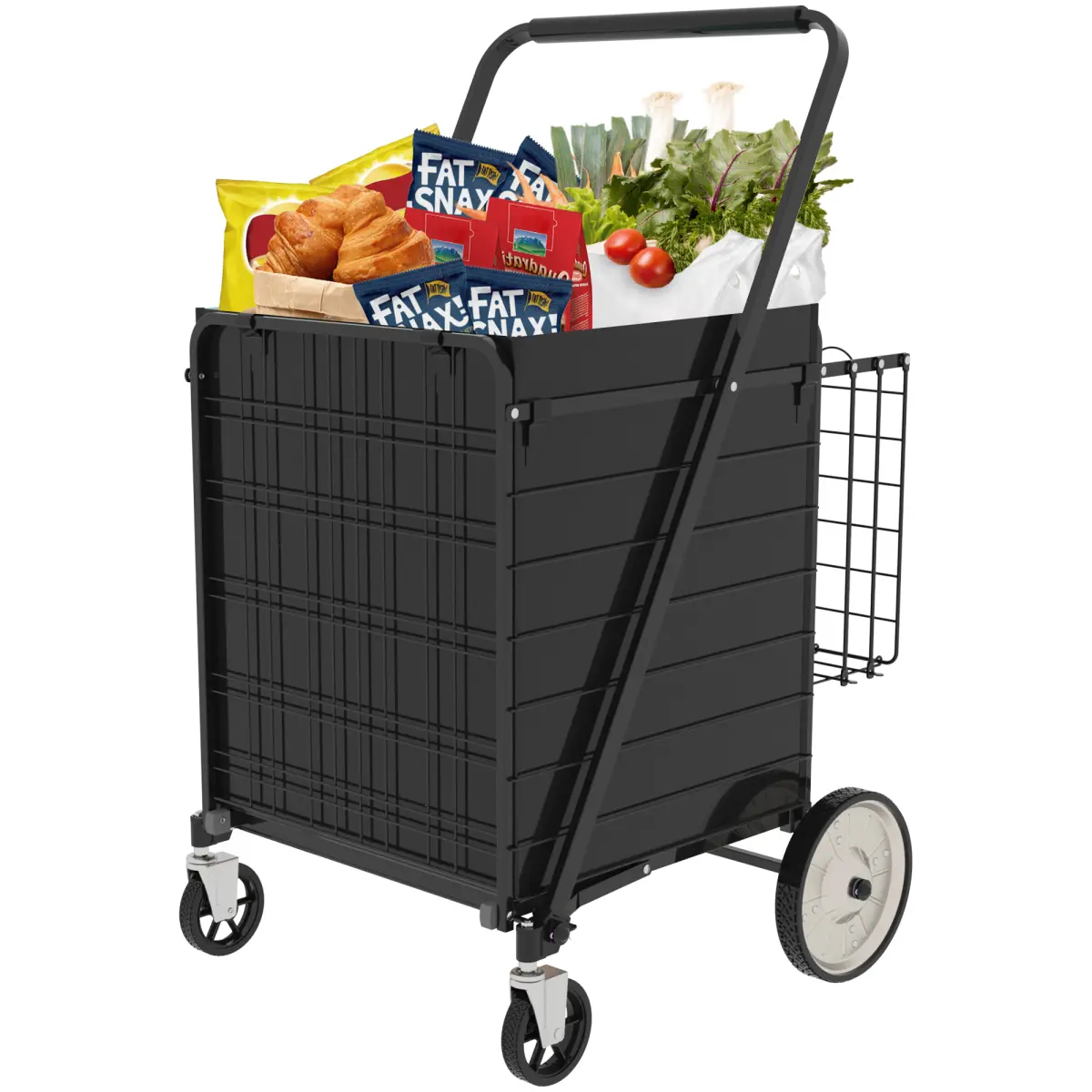 Collapsible Shopping Cart - Folding Rolling Carbon Steel Trolley (41.34x25.98x29.13 in), 330lb Capacity, 360° Swivel Front Wheels, 600D Oxford Waterproof Liner, Extra Rear Basket Portable Utility Grocery Haul Cart