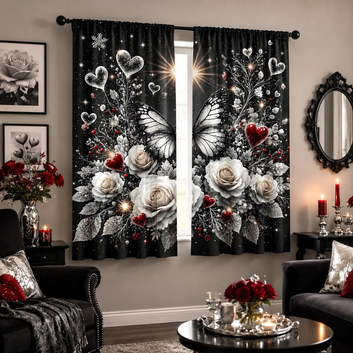 2 Piece Rose Heart Butterfly Print Curtains, Rod Pocket Design, Semi-Transparent Privacy Drapes for Bedroom Living Room Kitchen Closet Study