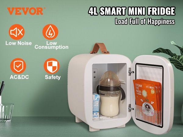 VEVOR Mini Skin Care Fridge, 4 L/6 Can Cute Makeup Fridge for Cosmetics Beverage Fruit Milk, AC/DC Cooler & Warmer, Mute Tiny Refrigerator for Bedroom Office Dorm Desk Car, ETL Certified, White