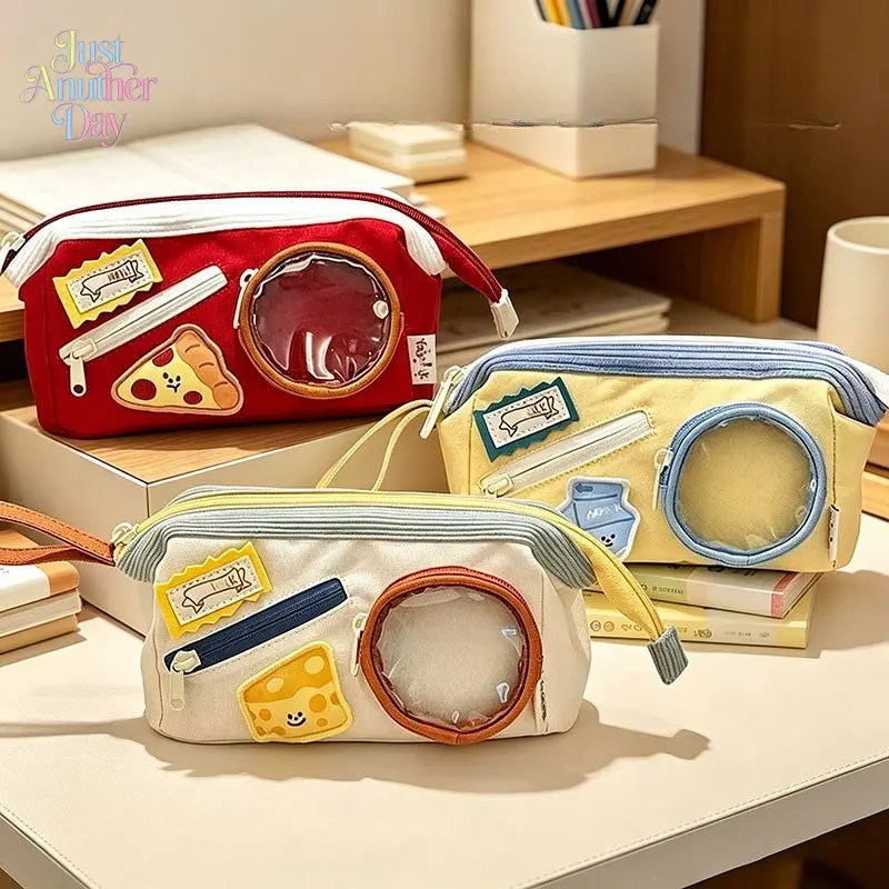 Cute American Food Ita Bag Pencil Case Large Capacity Clear Window Canvas Stationery Pouch Cartoon Cheese Pizza Patch Multi Pocket Handheld Pen Bag For Girls Student School Cosmetic Storage