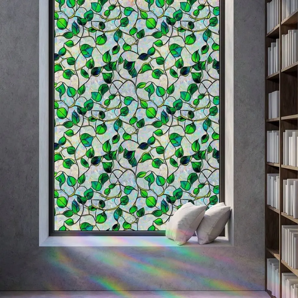 Vine Leaf Glass Window Sticker, Static PVC Privacy Film, 44.5cm Wide, Rainbow Light Effect, Suitable for Living Room, Bedroom, Balcony