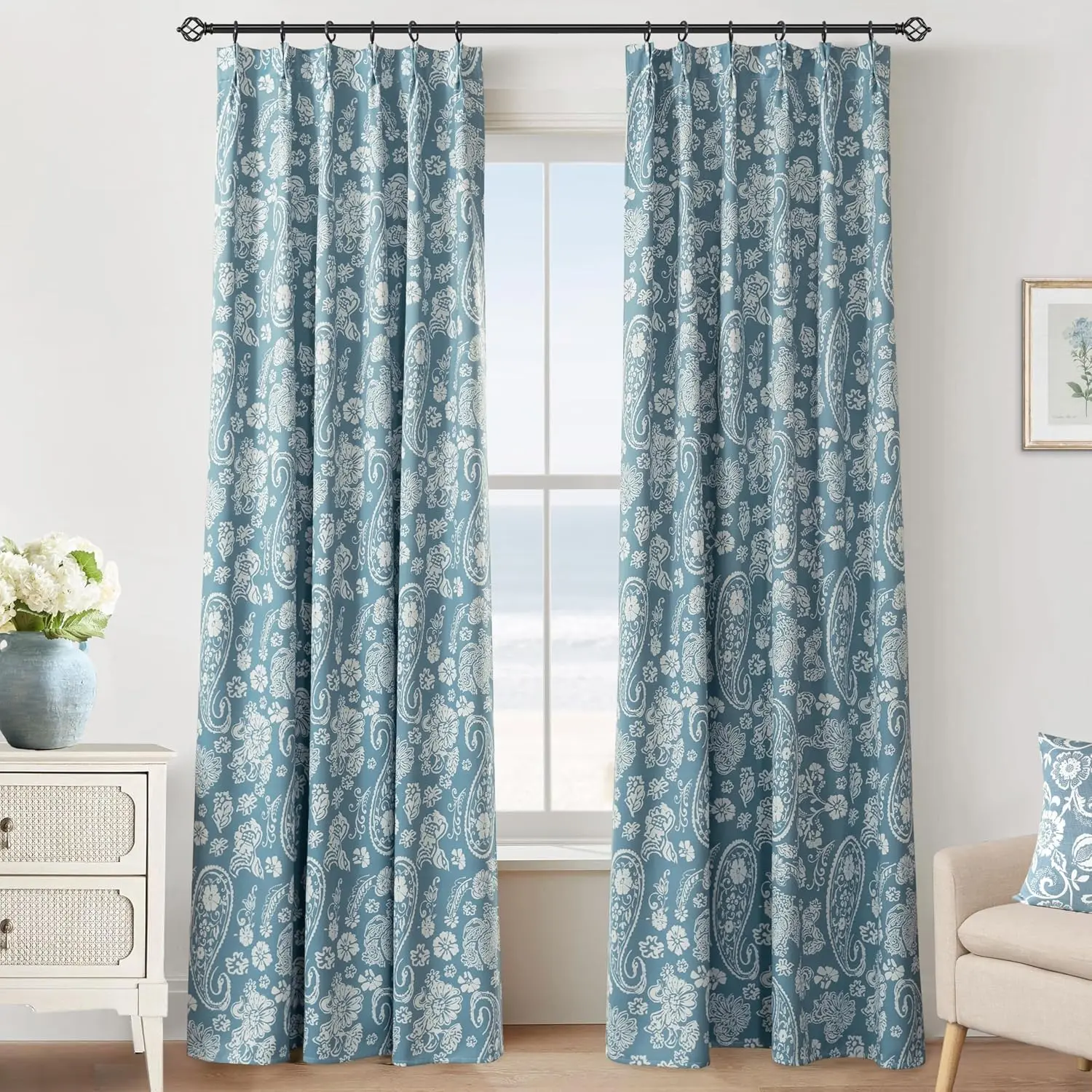 Dusty Blue Floral Coastal Blackout Curtains, Light Blue White Patterned Thermal Insulated Pinch Pleated Drapes for Summer Heat, Grey Blue  Beachy Curtains for Living Room Bedroom 84 Inch Long