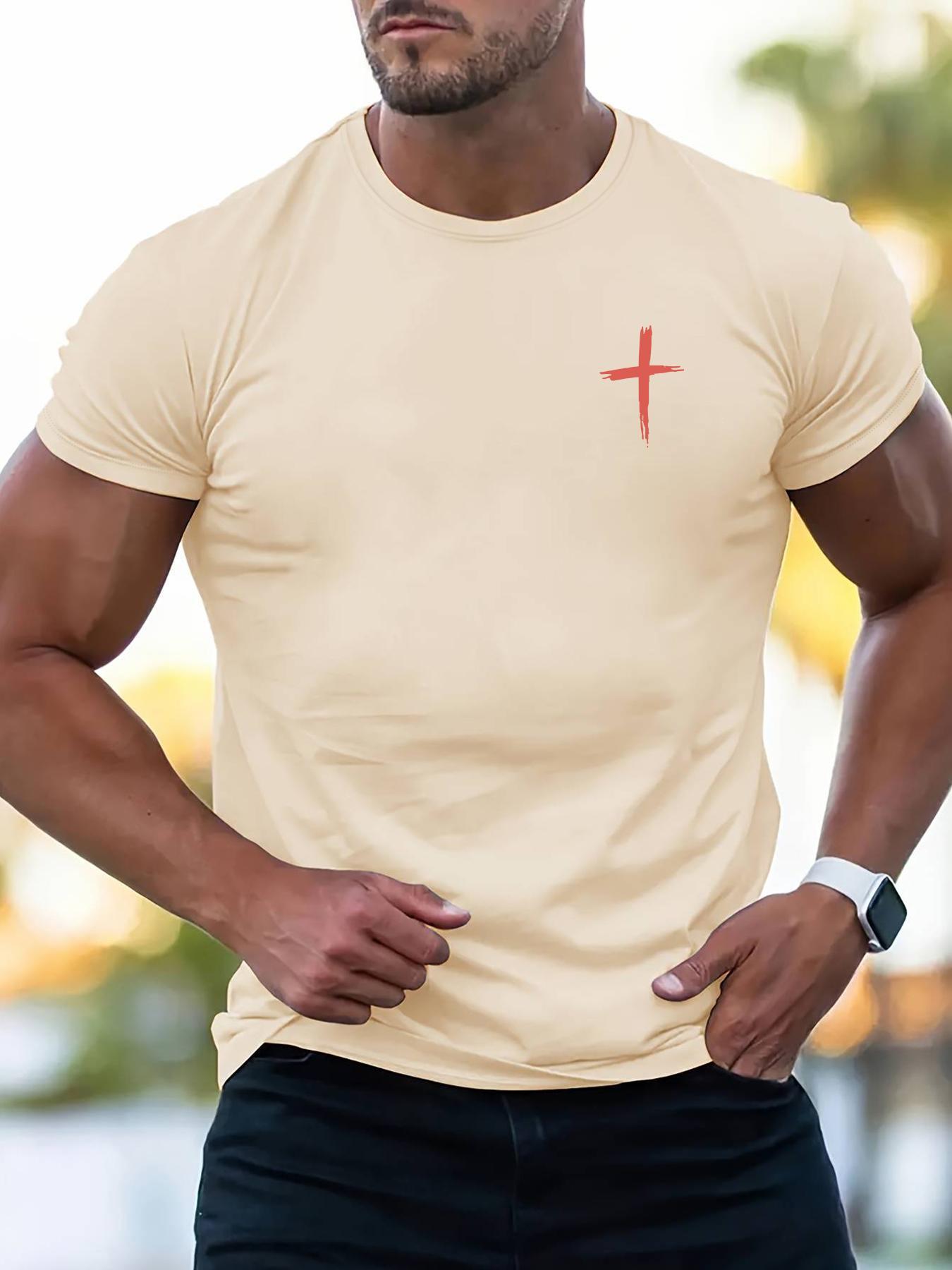Men's Letter & Cross Print Round Neck Tee, Casual Style Tee, Regular Fit Casual Short Sleeve Crew Neck T-shirt for Summer, Men's Top for Daily Wear, Casual Comfy Streetwear