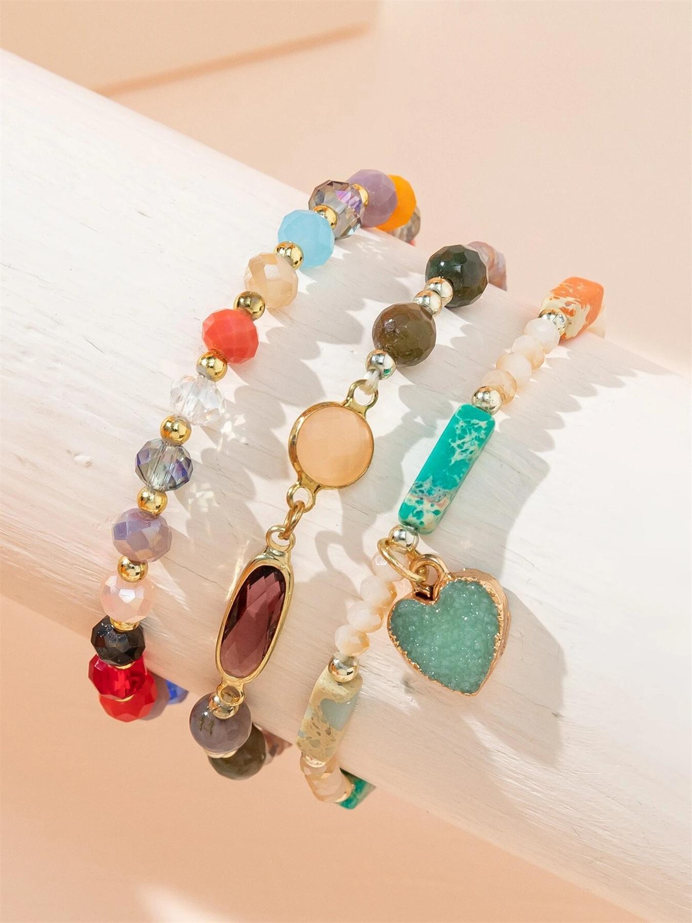 Boho Style Heart Charm Decor Beaded Bracelets, Heart Shaped Bracelet, Heart Design Bracelet, Fashionable Beaded Bracelets for Women & Girls, Trendy All-match & Exquisite Jewelry for Birthday Gift