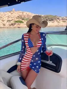 Women's Three-Piece Bikini Set, American Flag Print, Adjustable Drawstring Mesh Sunshade, Beach Vacation Swimwear, Sexy Style