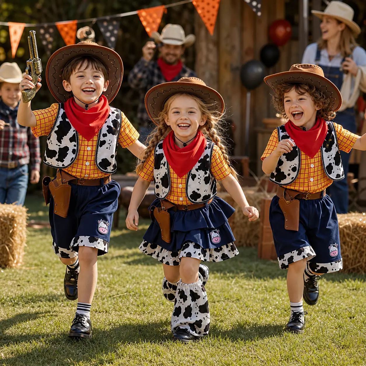 Kids Western Cowboy Costume Set for Boys Girls - Cute Toy Adventure Sheriff Dress Up Outfit with Cow Print Vest, Toddler Halloween Performance Party Cosplay Jumpsuit No toy gun