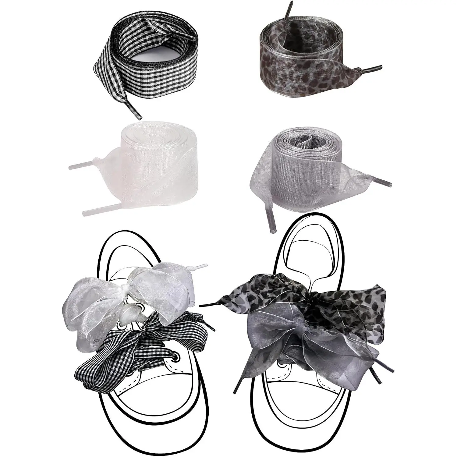 4 Pairs Satin Ribbon, Leopard, Gingham Lace Shoelaces for Women, Cool Flat Laces for Sneakers