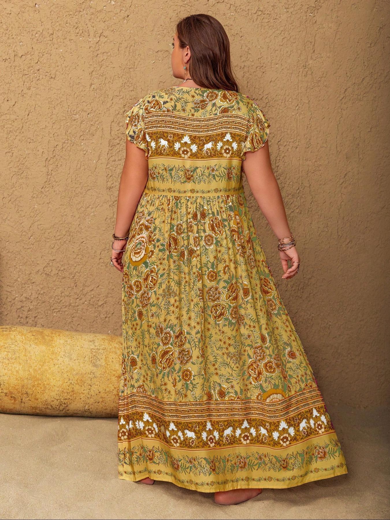 Plus Size Floral Print V-Neck Maxi Dress, Boho Fashion Casual Short Sleeve Dress for Daily Vacation Wear, Women's Clothing for All Seasons, Bohemian Sundress Plus Size Floral Print V-Neck Maxi Dress, Boho Fashion Casual Short Sleeve Dress for Daily Vacation Wear, Women's Clothing for All Seasons, Bohemian Sundress