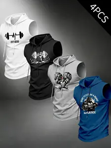 Four-Piece Men's Hooded Sleeveless T-Shirts, Dumbbell Gorilla Barbell Print Tank Tops, Comfortable Breathable Fashion for Summer Fitness