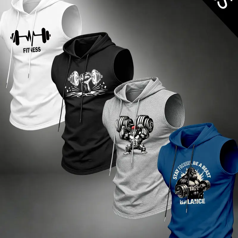 Men's 4-Pack Hooded Sleeveless Tank Tops, Sleeveless Sports Wear, Dumbbell Gorilla Barbell Pattern Print Tank Tops, Comfortable Breathable Casual Workout Tops for Summer Fitness