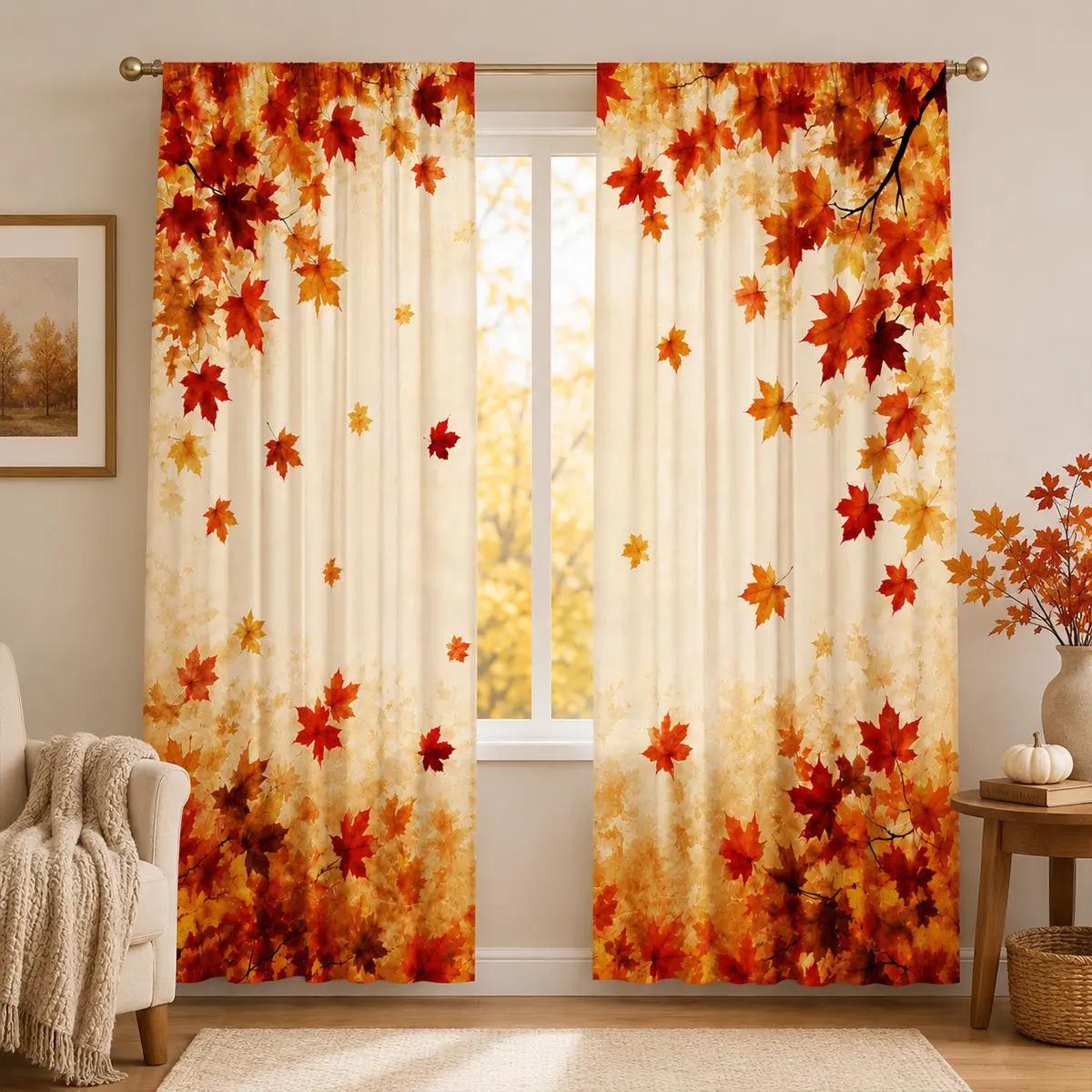 2 pieces of high-definition digital autumn maple leaf retro print decorative curtains, washable by hand or machine, hung with a pole bag, suitable for bedroom and living room decoration, home decoration living room curtains