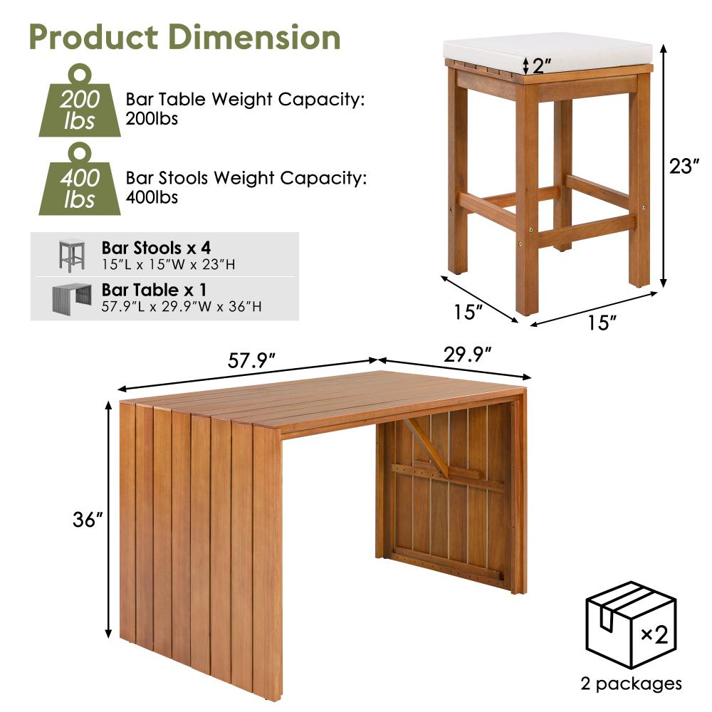 5 Piece Outdoor Bar Set, Patio Acacia Wood Bar Height Table & Four Stools with Cushions, Wood Dining Bar Set for Backyard, Poolside, Balcony, Beige Cushion and Natural Wood