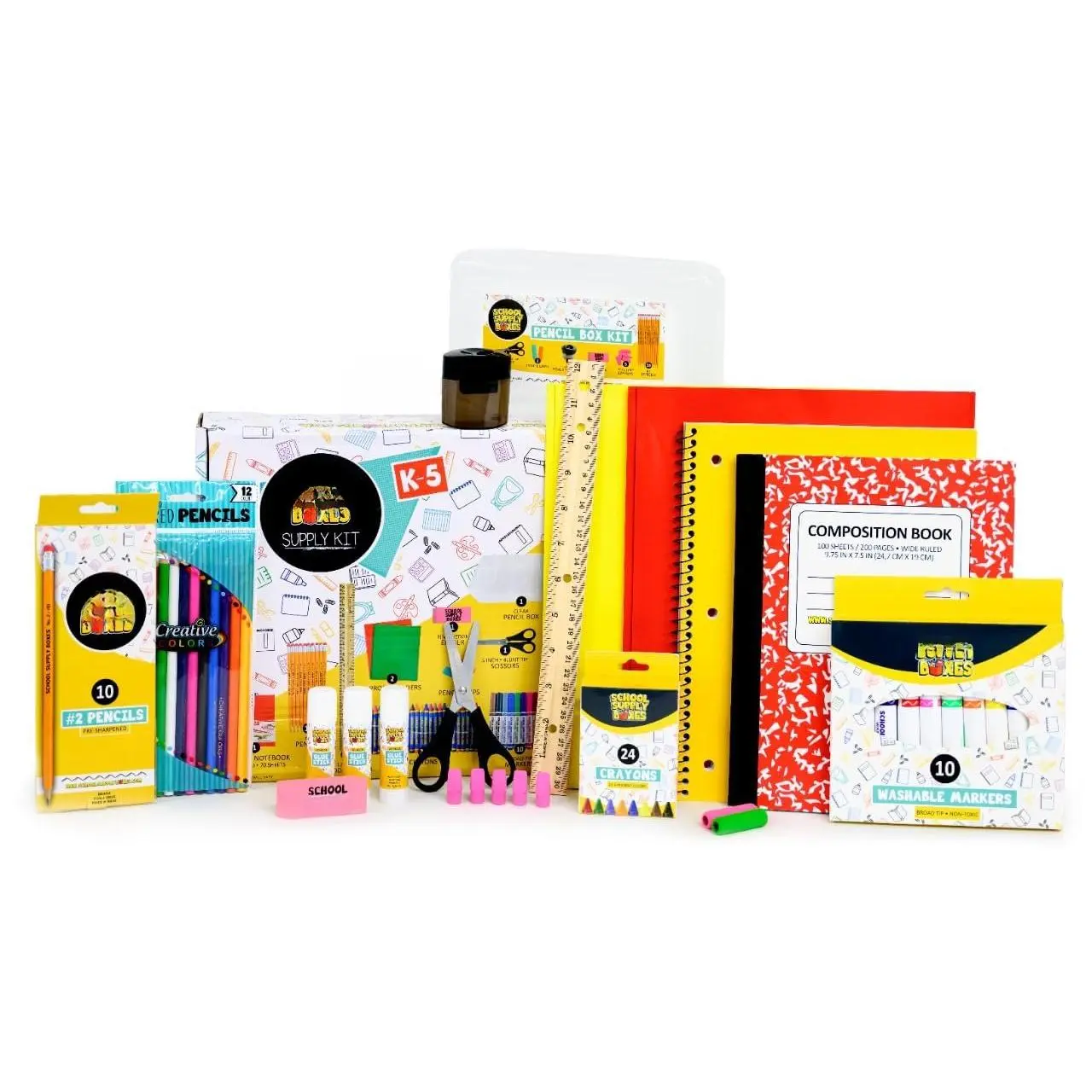 to   Box Grades K-5 -  - 32 count  Supplies Kit Includes Markers, Crayons, Pencils, , Folders, Glue Sticks, Notebook, and Composition Book