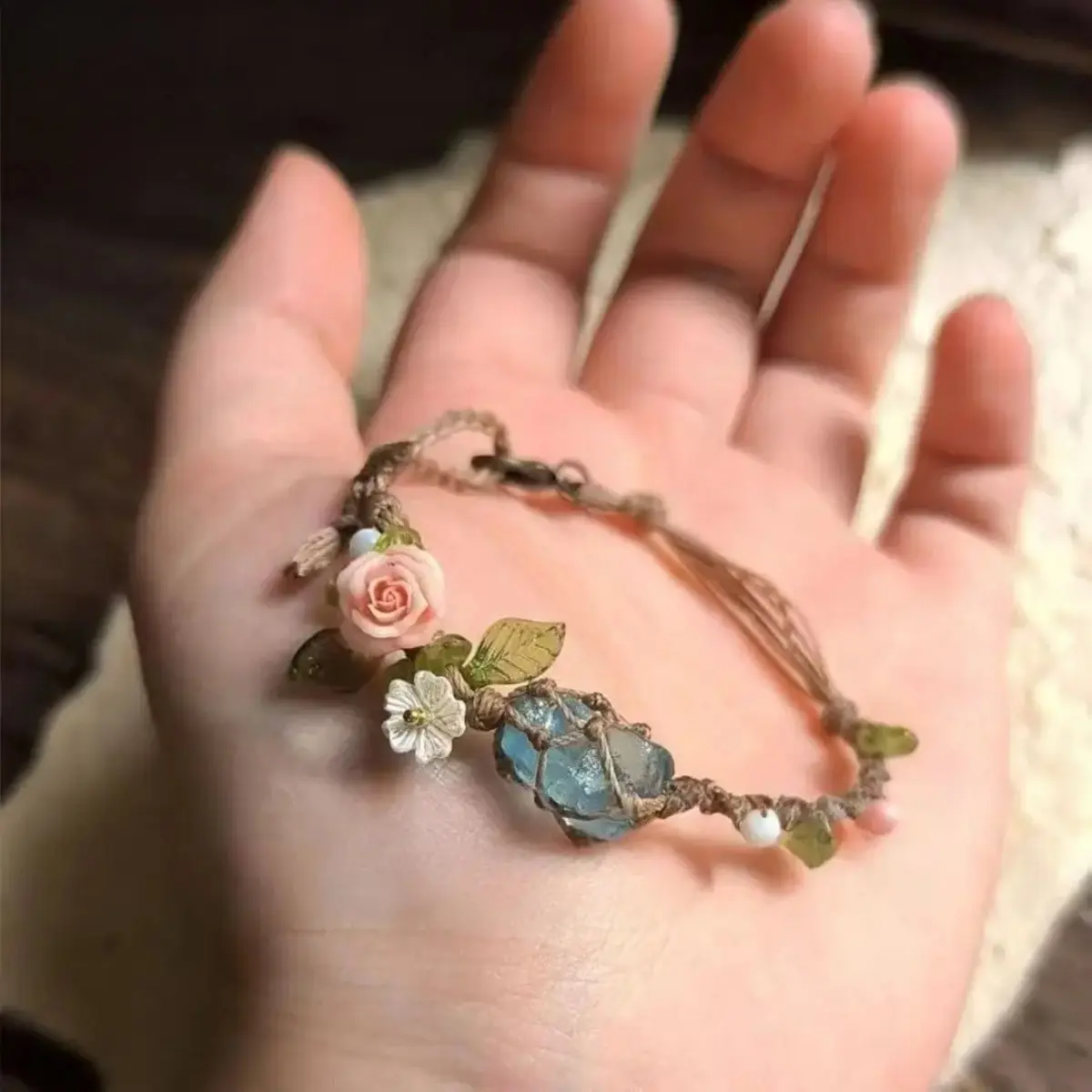 Bohemian Aquamarine Crystal Bracelet, Hand-Woven Fiber Cord Raw Stone Bracelet, Nature-Inspired Floral Charm Jewelry for Women & Gift