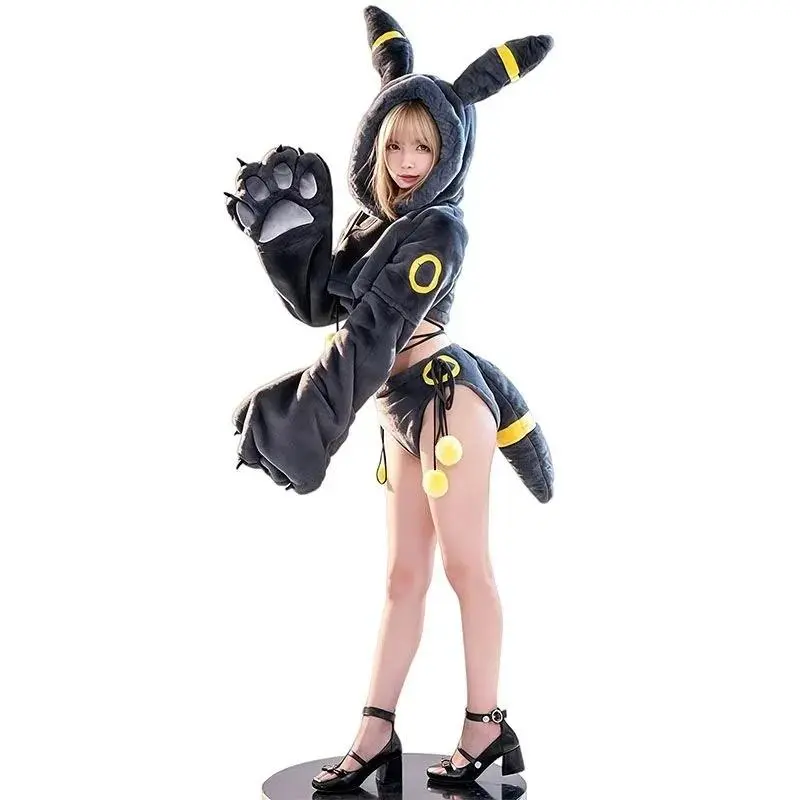 Anime Umbreon Cosplay Costume Women Sexy Lingerie Kawaii Plush Homewear Paw Gloves Hoodie Top Uniform Halloween Clothes