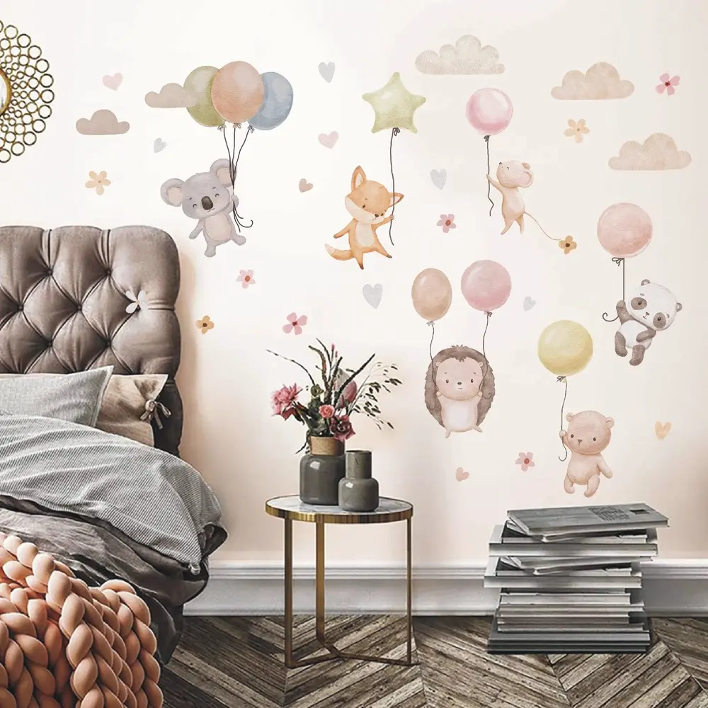 Watercolor Forest Animal Balloon Wall Stickers, Waterproof Decal, Bear, Koala, Fox, Hedgehog, Panda, Bedroom, Game Room Decor, Universal Door Setting
