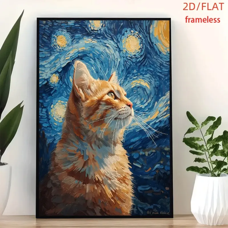frameless Starry Orange Cat Decal Art Decor Print Poster, Wall Art for Living Room, Bedroom, Office, Dining Room & Bar, Perfect Gift & Home Decor, 12in x 16in