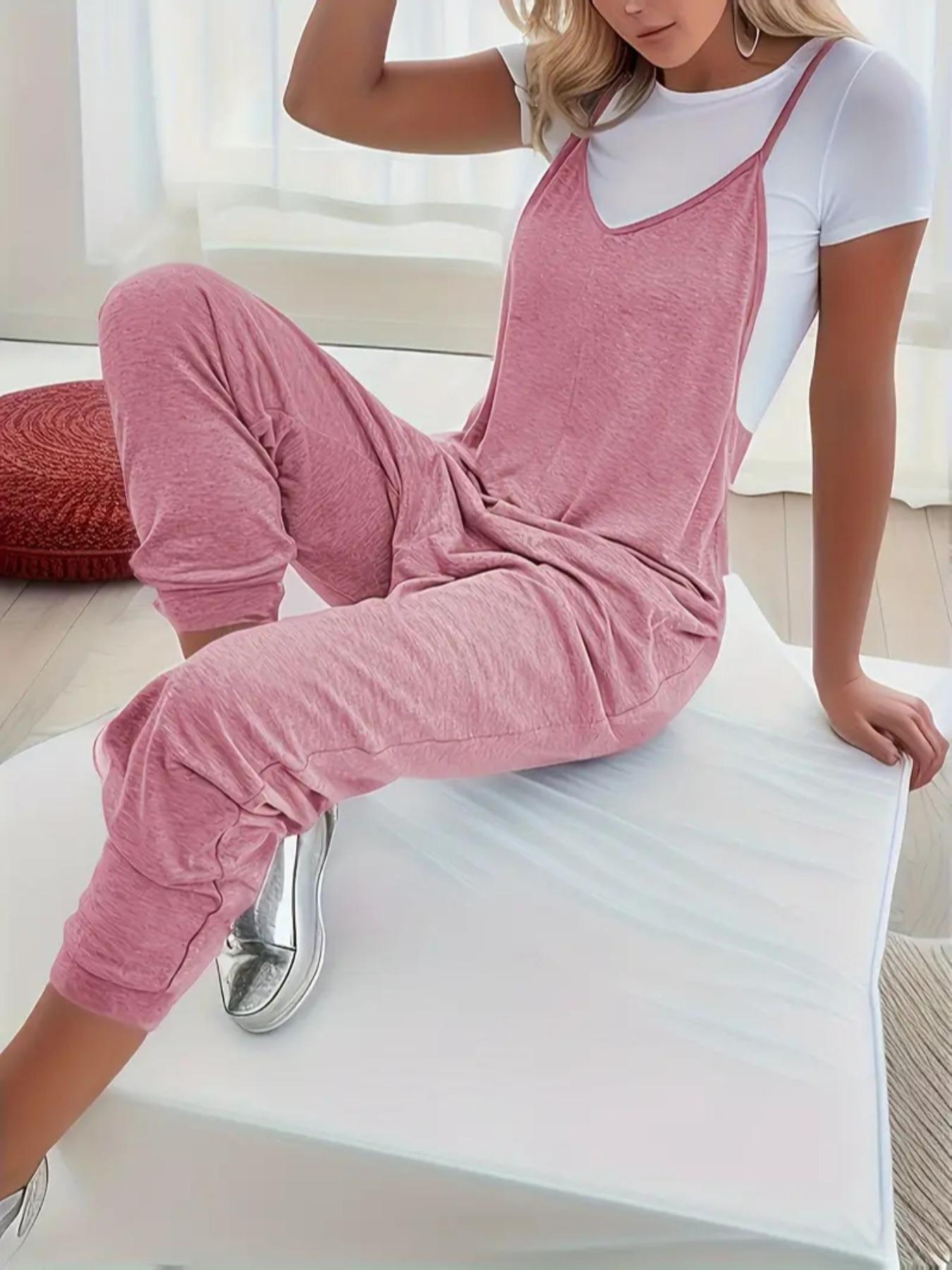 Women's Plain Pocket V Neck Overalls Jumpsuit without Tee, Casual Sleeveless Spaghetti Strap Cami Overalls Jumpsuit for Daily Wear, Ladies Clothes for All Seasons, Womenswear