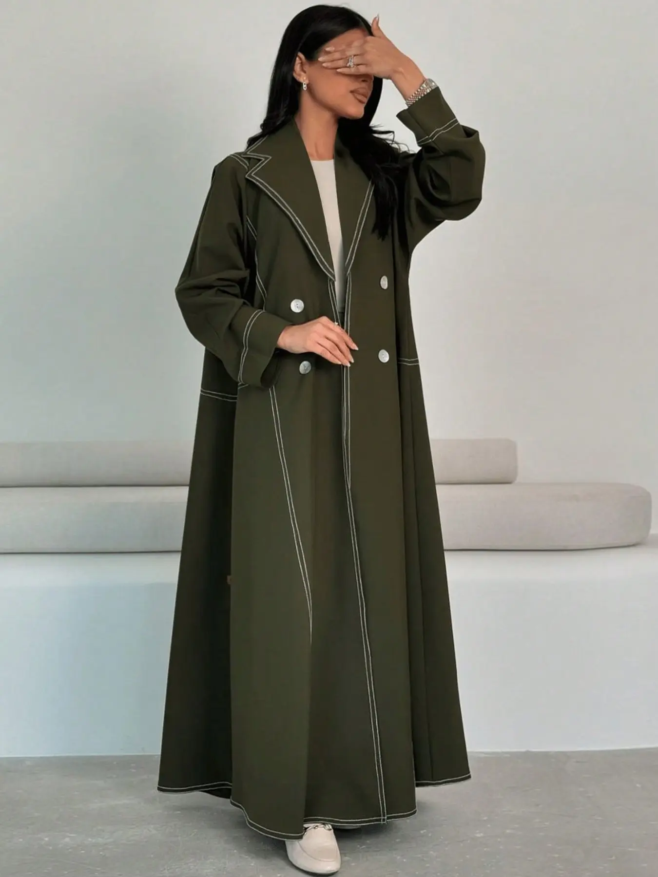 Hafizah Long Windbreaker Open Front Coat, Loose Fit Wide Sleeves, Office Wear Outerwear for Women, All-Season Plain Design