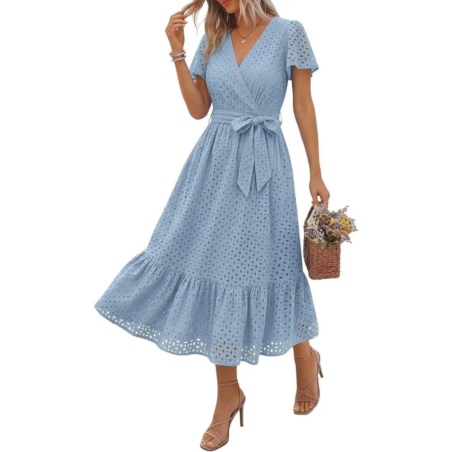 Womens Eyelet Midi Dress V Neck Wrap Dresses with Pockets |   Summer Outfits, Flowy A Line Apparel featuring Hollow Out & Short Sleeve, Versatile for Funeral, Casual, Vacation, Church