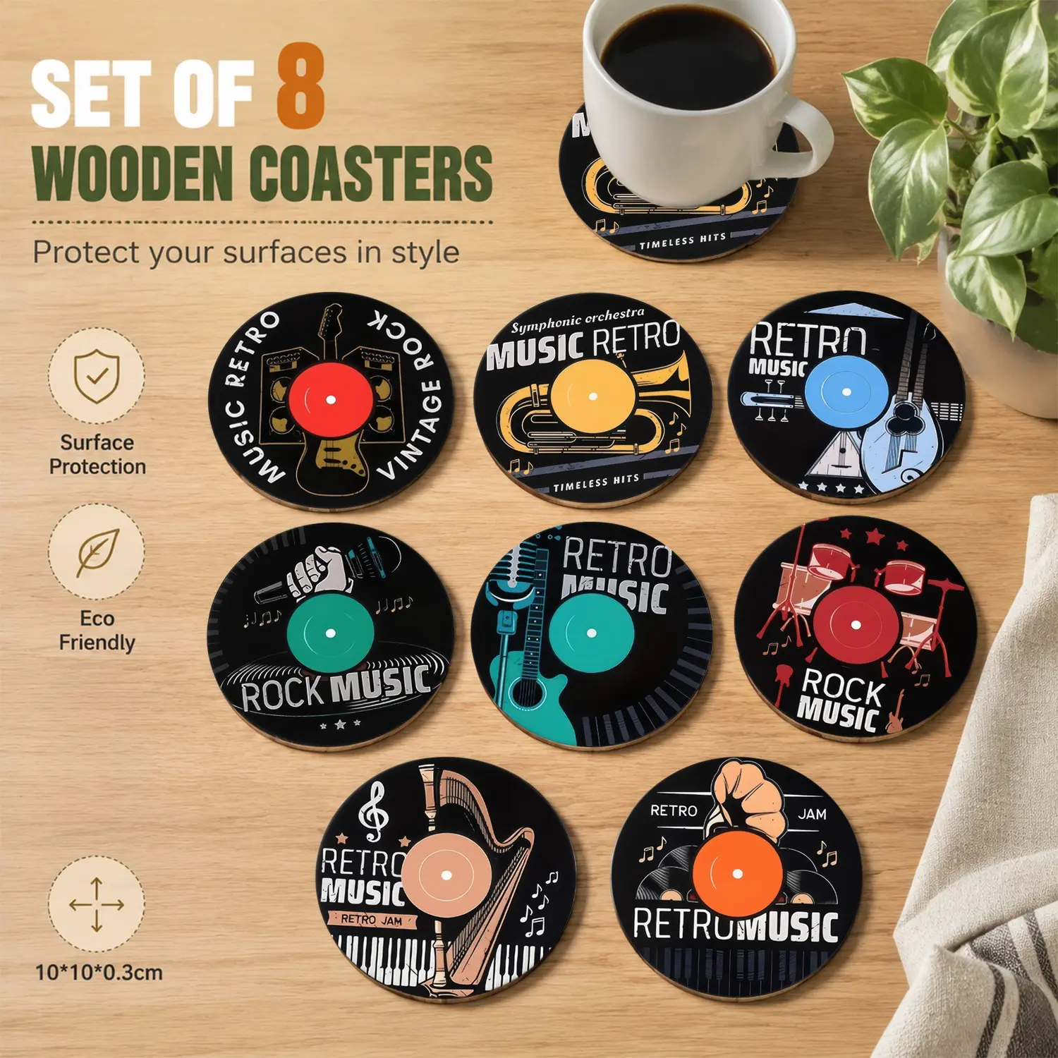 8 PCS Retro Music Decorative Coasters for Drinks Wooden Vinyl Record Style | Guitar Drum Piano Saxophone Harp | Round Heat Resistant Cup Mat for Home Bar Kitchen | Music Lover Gift Set
