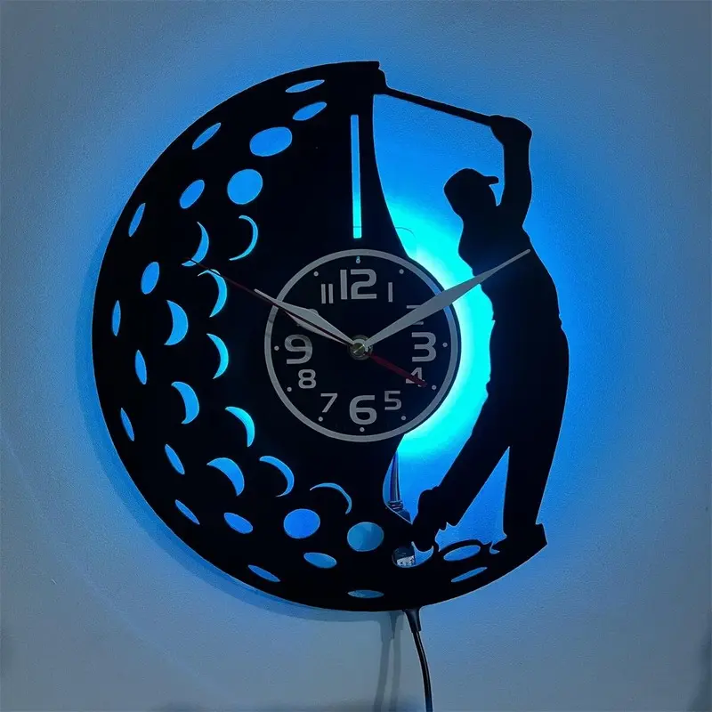 LED Vinyl Wall Clock Golf Player Swing Silhouette Golf Ball Pattern RGB Backlit Ambient Lighting Wall Decor Silent Non Ticking Wall Watch Aesthetic Room Decor Gift for Birthday Christmas Thanksgiving Valentines Day Housewarming Suitable for Golf Club Man