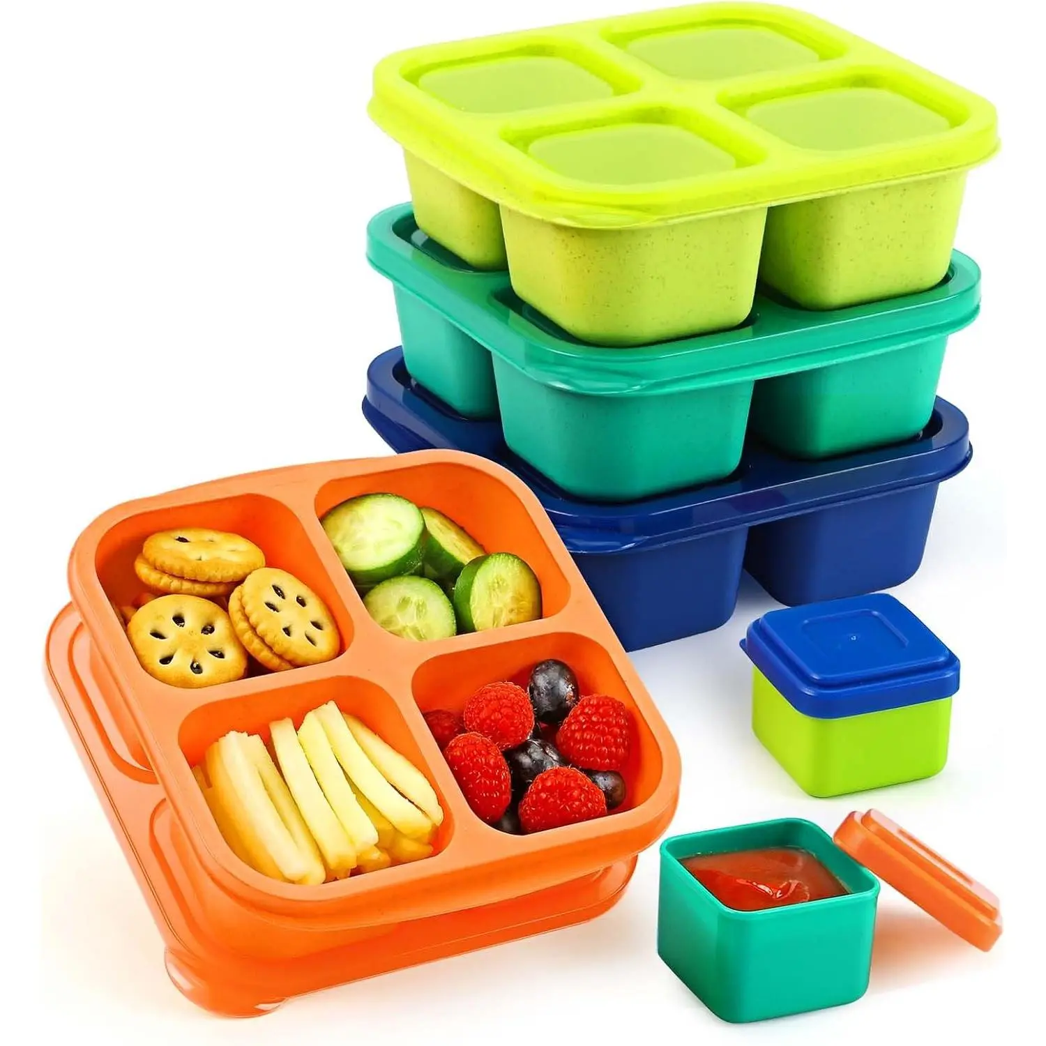 Lunchable Snack Containers - 4 Compartments Bento Snack Boxes (4 count) with 2 Leakproof Sauce Containers, Reusable Divided Food Containers for School, Work, Travel