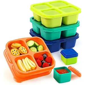 Lunchable Snack Containers - 4 Compartments Bento Snack Boxes (4 count) with 2 Leakproof Sauce Containers, Reusable Divided Food Containers for School, Work, Travel